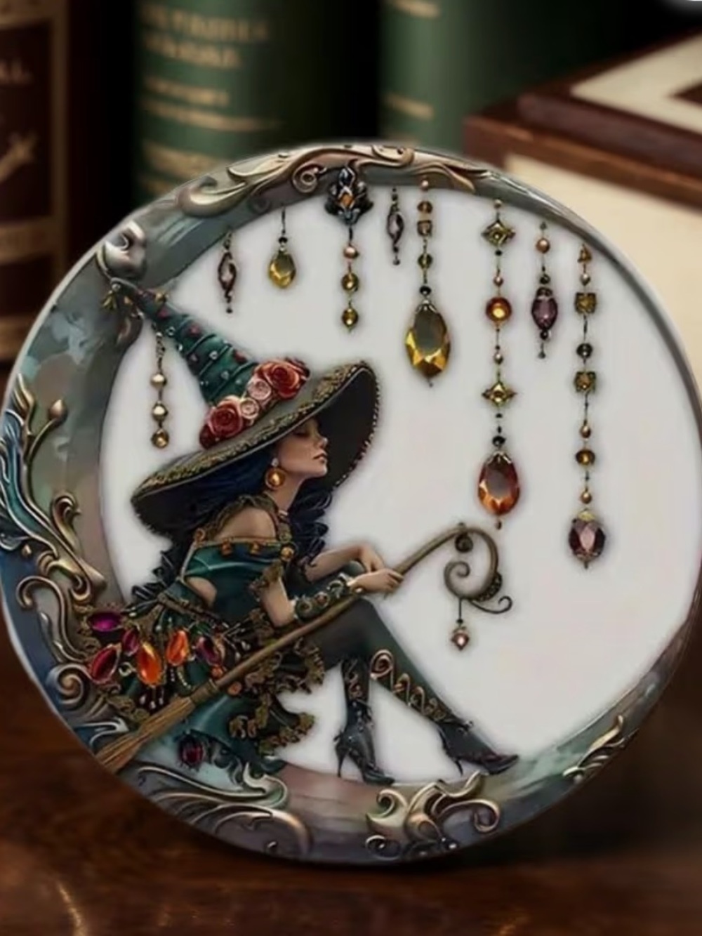 Witch on Crescent Moon Window Decor - Green and Gold B27 - Picture 5 of 8